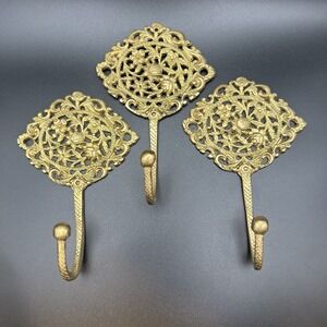 Ornate Solid Brass Wall Hooks Set 3 Hangers Hooks Key Holder Floral Mandala 3"